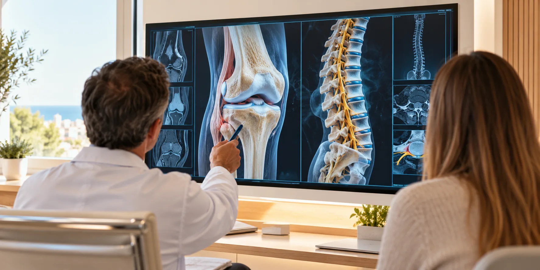 Ilustración generada por IA: médico explicando radiografías de rodilla y columna a una paciente